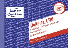 Avery Zweckform® 1736 Quittung inkl. MwSt. - A6 quer, MP, SD, fälschungssicher, 2 x 40 Blatt, weiß, gelb