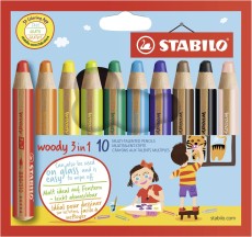 STABILO® Buntstift, Wasserfarbe & Wachsmalkreide - woody 3 in 1 - 10er Pack, sortiert Farbstiftetui