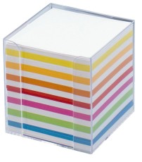 Folia Notizbox glasklar - 9,5x9,5x9,5cm, Papier: weiß / bunt, ca. 700 Blatt Zettelbox