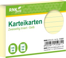 RNK Verlag Karteikarten - DIN A8, liniert, gelb, 100 Karten mit Kopflinie Karteikarten A8 quer gelb