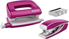 Leitz 5561 Set Mini Locher Heftgerät NeXXt WOW - pink metallic inkl. Heftklammern Nr. 10 Metall