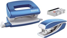 Leitz 5561 Set Mini Locher Heftgerät NeXXt WOW - blau metallic inkl. Heftklammern Nr. 10 Metall