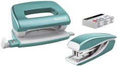 Leitz 5561 Set Mini Locher Heftgerät NeXXt WOW - eisblau metallic inkl. Heftklammern Nr. 10 Metall