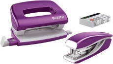 Leitz 5561 Set Mini Locher Heftgerät NeXXt WOW - violett metallic inkl. Heftklammern Nr. 10 Metall