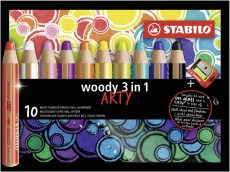 STABILO® Buntstift, Wasserfarbe & Wachsmalkreide - woody 3 in 1 - ARTY - 10er Pack mit Spitzer, sortiert