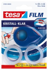 tesa® Handabroller Mini - 10 m : 19 mm, blau, inkl. inkl. 2 Rollen Klebefilm kristall klar blau