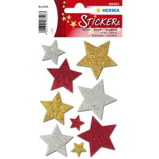 HERMA 6528 Sticker MAGIC bunte Sterne, glittery Weihnachtsetiketten Sterne rot, gold, silber