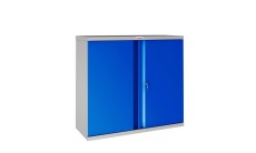 PHÖNIX SAFE Flügeltürenschrank, Vorhangschloss, 2 Fachböden, Stahl, grau/blau 915 x 830 x 370 mm