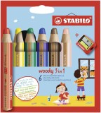 STABILO® Buntstift, Wasserfarbe & Wachsmalkreide - woody 3 in 1 - 6er Pack mit Spitzer, sortiert