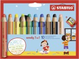 STABILO® Buntstift, Wasserfarbe & Wachsmalkreide - woody 3 in 1 - 10er Pack mit Spitzer, sortiert