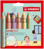 STABILO® Buntstift, Wasserfarbe & Wachsmalkreide - woody 3 in 1 - 6er Pack Pastell mit Spitzer, sortiert